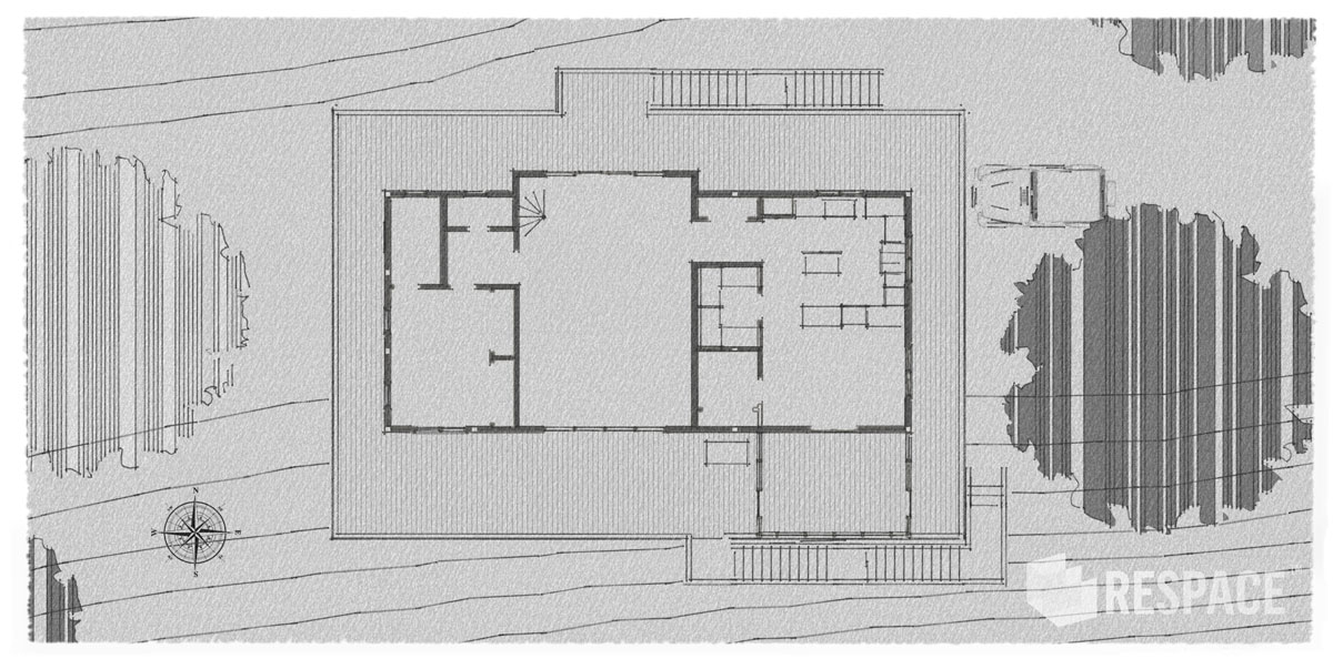 Finding the Right Home: main level plan of an elevated, remote river cabin.