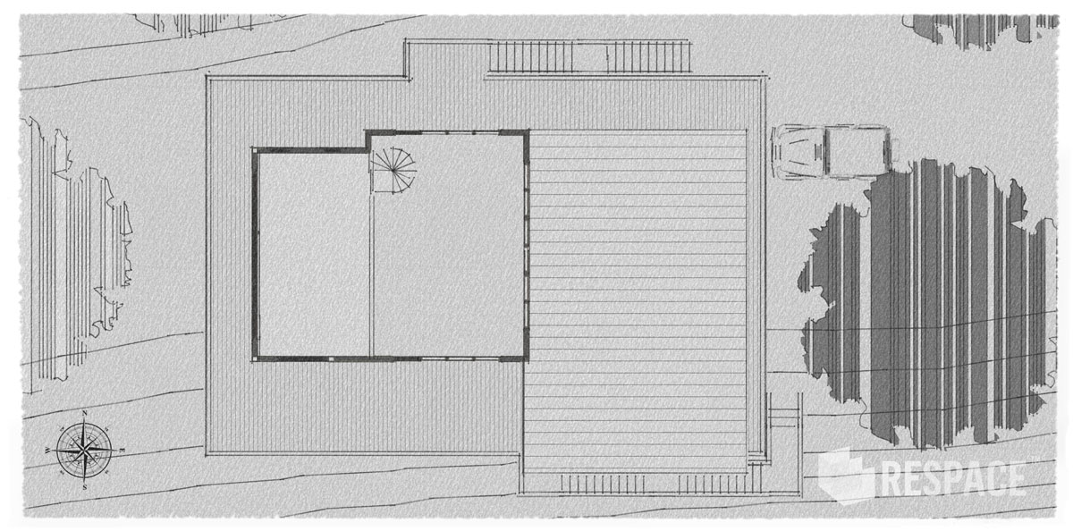 Finding the Right Home: loft level plan of an elevated, remote river cabin.