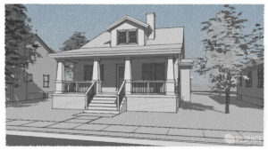 A stylized rendering of a bungalow in the craftsman architectural style. The view is of the front of the house from the street at a slight angle. A wide stair to the porch with a wood railing on both sides leads to the door centered on the front of the house. Typical of the style, the roof pitch becomes shallower as it extends over the front porch. The roof over the porch is supported by wood columns with a thick base that start to taper above the wood railing. A dormer is centered above the door with a chimney attached to the right side of the dormer. The chimney is set back from the front of the dormer where the roof for the dormer intersects with the main roof. A large tree and a partial view of the adjacent house is on the left. To the right there is a smaller tree in the front yard off the corner of the porch. A glimpse of the adjacent house to the right can be seen beyond the tree. The image has a hand drawn feel with heavy, black, sketchy lines on white paper with a rough texture except for the sky. They Sky has a muted medium blue gradient that shifts to a pale grayish blue at the horizon.