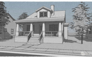 A stylized rendering of a bungalow in the craftsman architectural style. The view is of the front of the house from the street at a slight angle. A wide stair to the porch with a wood railing on both sides leads to the door centered on the front of the house. Typical of the style, the roof pitch becomes shallower as it extends over the front porch. The roof over the porch is supported by wood columns with a thick base that start to taper above the wood railing. A dormer is centered above the door with a chimney attached to the right side of the dormer. The chimney is set back from the front of the dormer where the roof for the dormer intersects with the main roof. A large tree and a partial view of the adjacent house is on the left. To the right there is a smaller tree in the front yard off the corner of the porch. A glimpse of the adjacent house to the right can be seen beyond the tree. The image has a hand drawn feel with heavy, black, sketchy lines on white paper with a rough texture except for the sky. They Sky has a muted medium blue gradient that shifts to a pale grayish blue at the horizon.