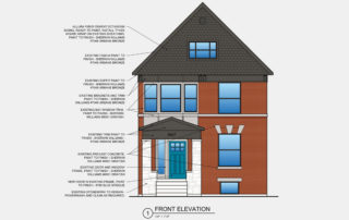A computer generated 2d drawing of an existing house. There are colors and hatch pattern to represent façade materials and colors. The materials and colors are called out in notes with leaders pointing to them. The style of the house is not important for this illustration.