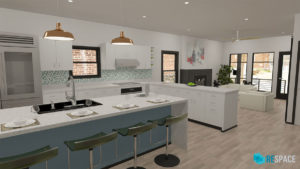 A photorealistic rendering of the kitchen and kitchen island with bar seating. The plan is open to the front of the building with the heart and seating area visible beyond the kitchen counter peninsula.