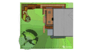 A digital, hand-rendered plan of the back yard for a deck on a private residence completed for a Client. The deck and landscaping are rendering in colors representing the materials and plants used. The topography is highlights with linework increasingly lighter shades of green to indicate the increased elevation.