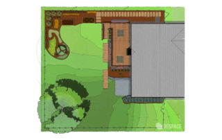 A digital, hand-rendered plan of the back yard for a deck on a private residence completed for a Client. The deck and landscaping are rendering in colors representing the materials and plants used. The topography is highlights with linework increasingly lighter shades of green to indicate the increased elevation.
