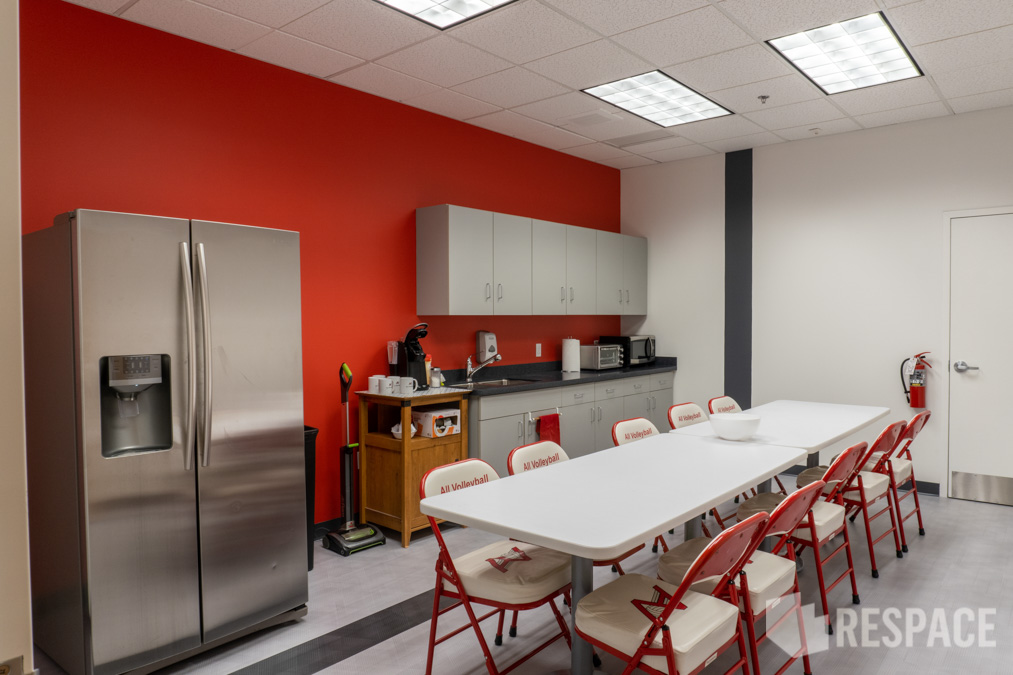 Break room with striped wall