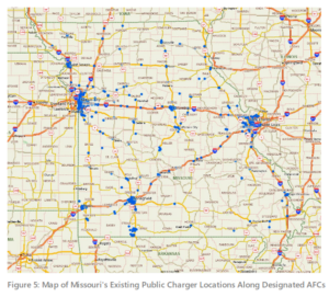 Electric vehicle charging stations are depicted as blue dots scattered across the alternative fuel corridors, or AFCs, of the state of Missouri.
