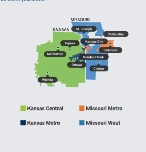 A map of Missouri and Kansas depicting the Evergy service area in green, blue, and orange with city labels.
